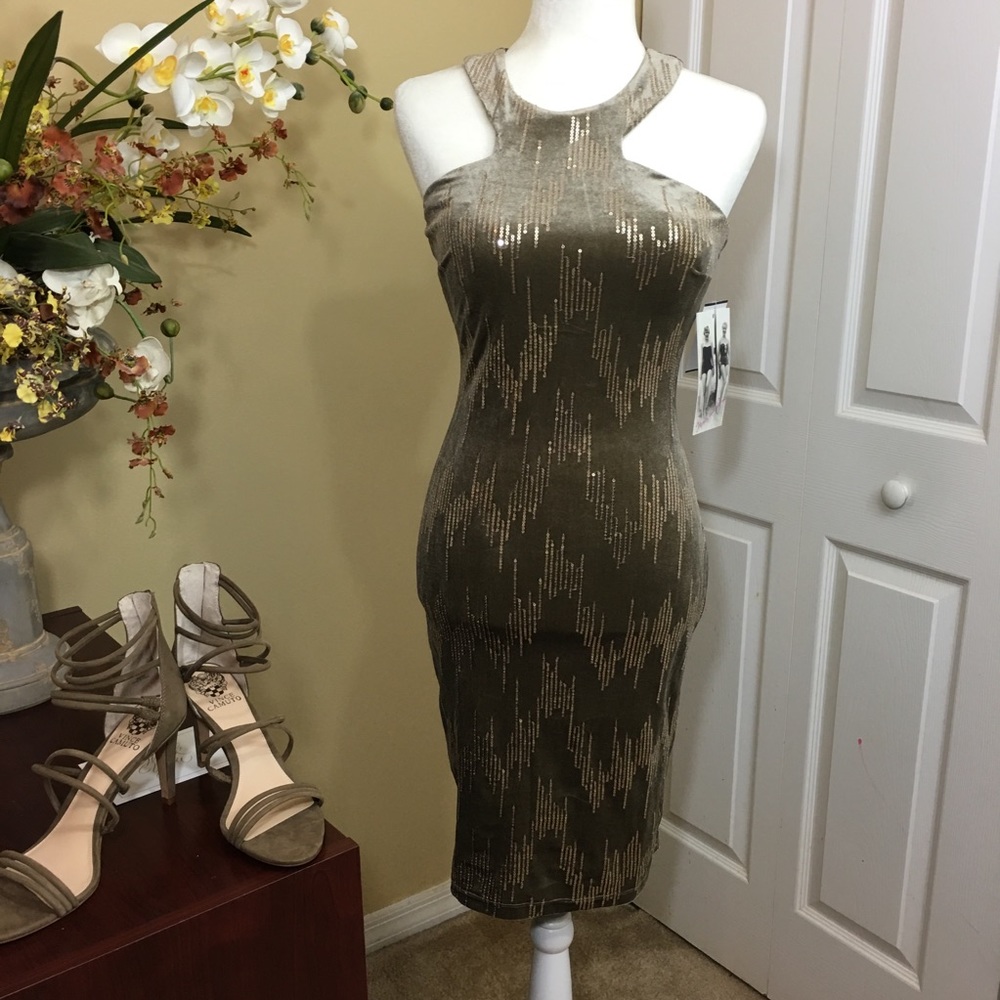 NWT Honey & Rosie Sequin Olive Green Party Velvet‎ Sparkle Bodycon Dress Size S